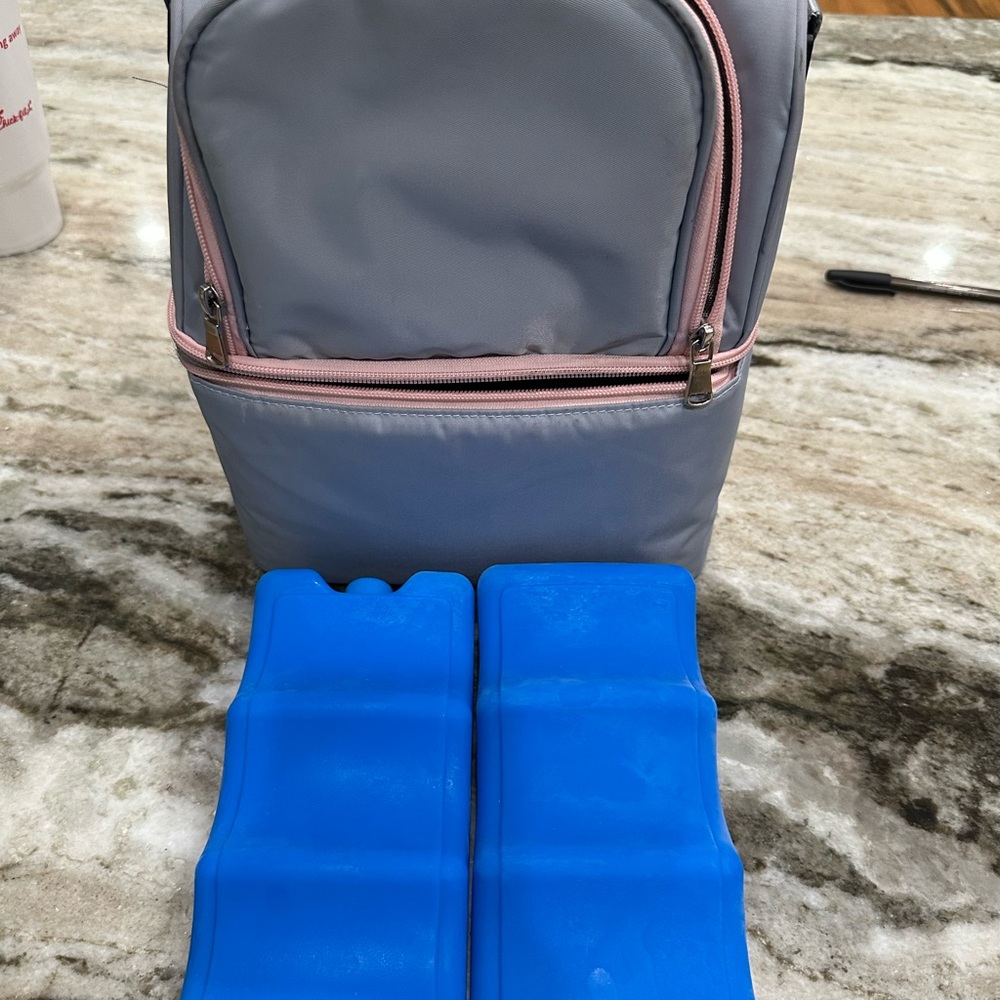 Gray and Pink Insulated breastmilk cooler bag with Blue Ice Packs